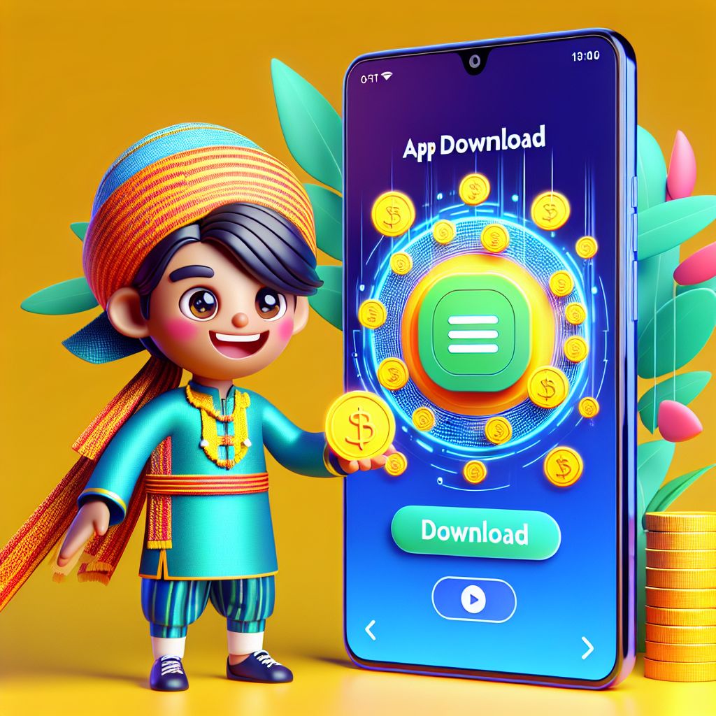 BGD11 app cartoon character holding an Android phone with app icons and coins