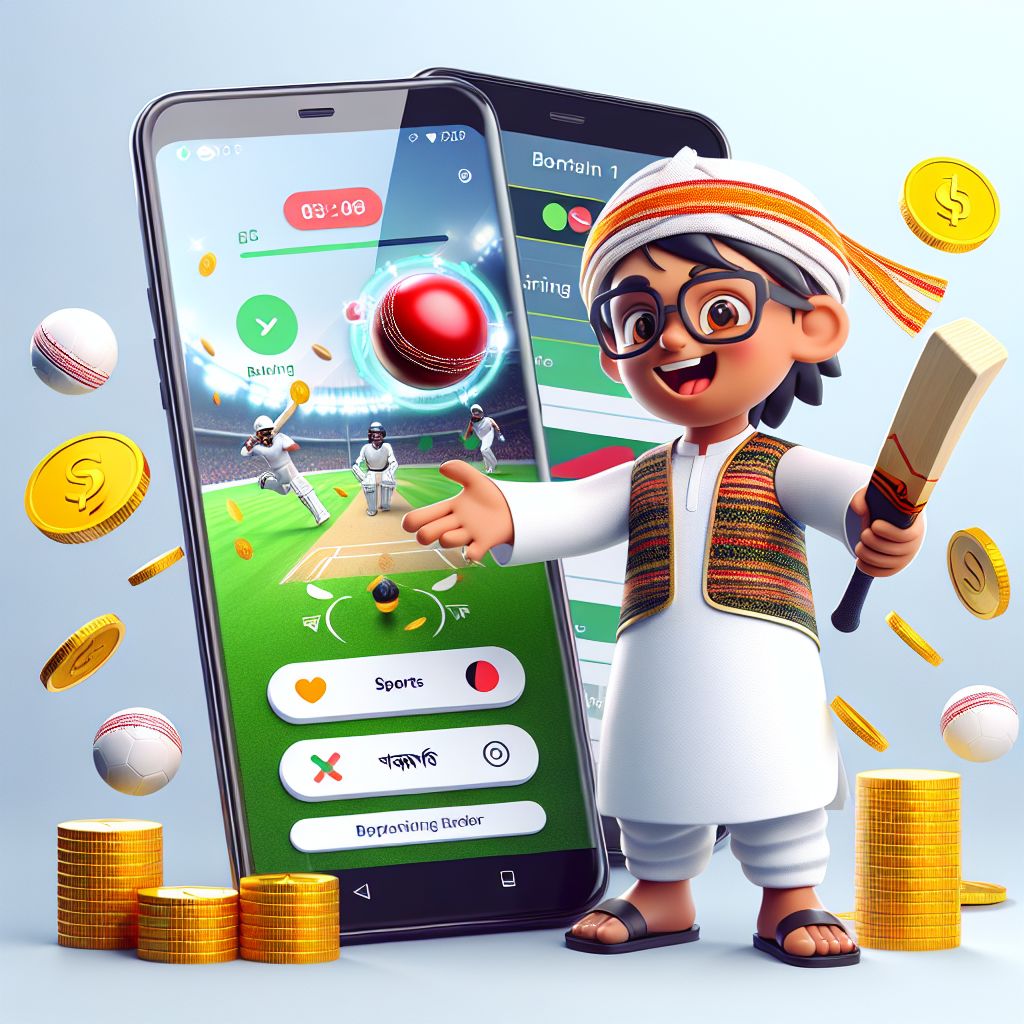 BGD11 themed cartoon bettor with a phone showing live odds, sports icons, and coins