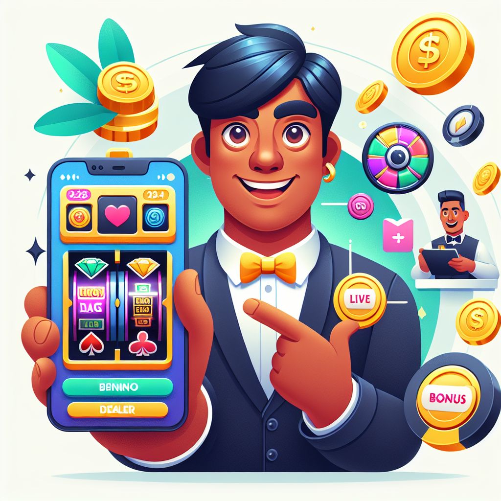 BGD11 themed cartoon character holding a phone with casino icons and coins