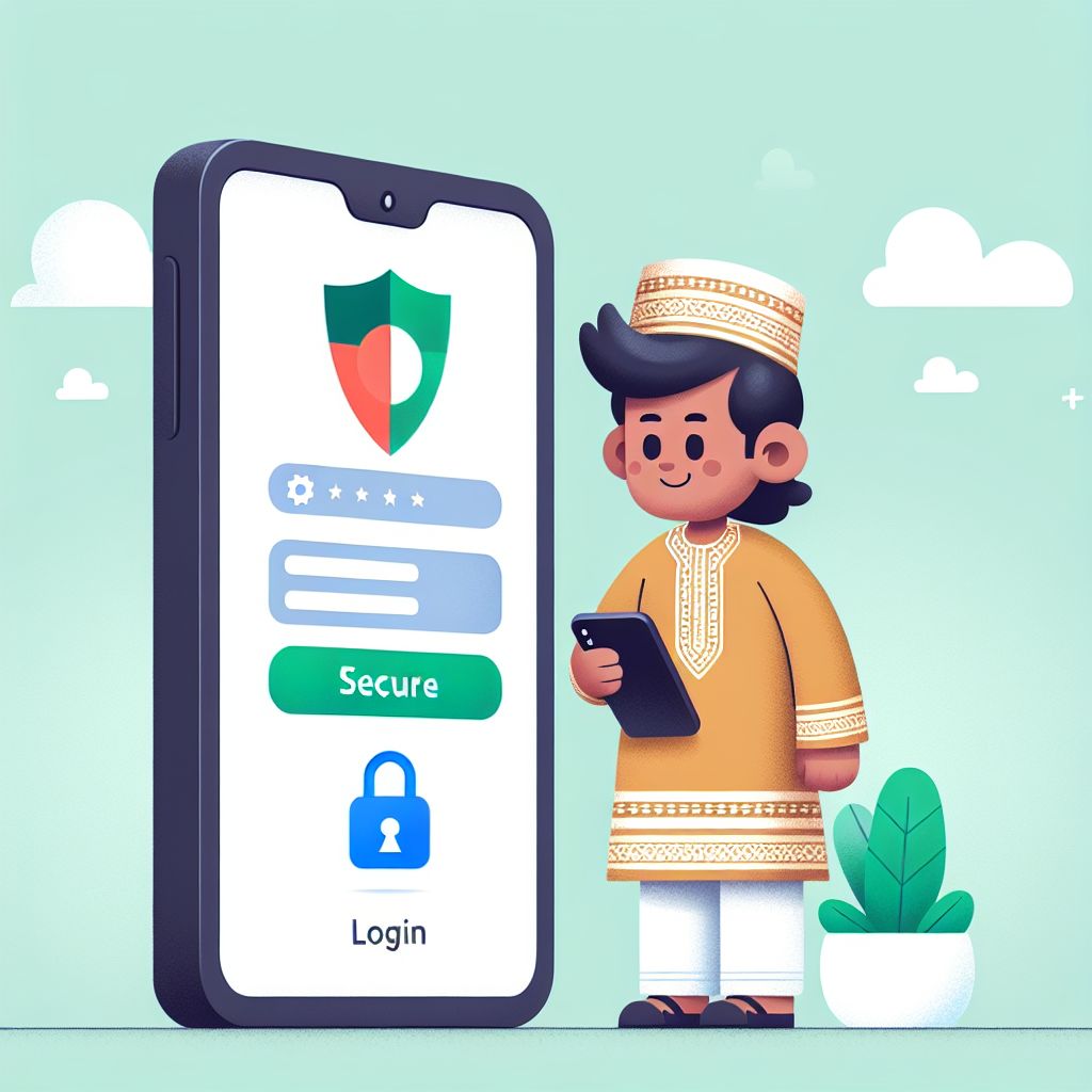 Cartoon character holding a phone with a secure login screen and shield icon