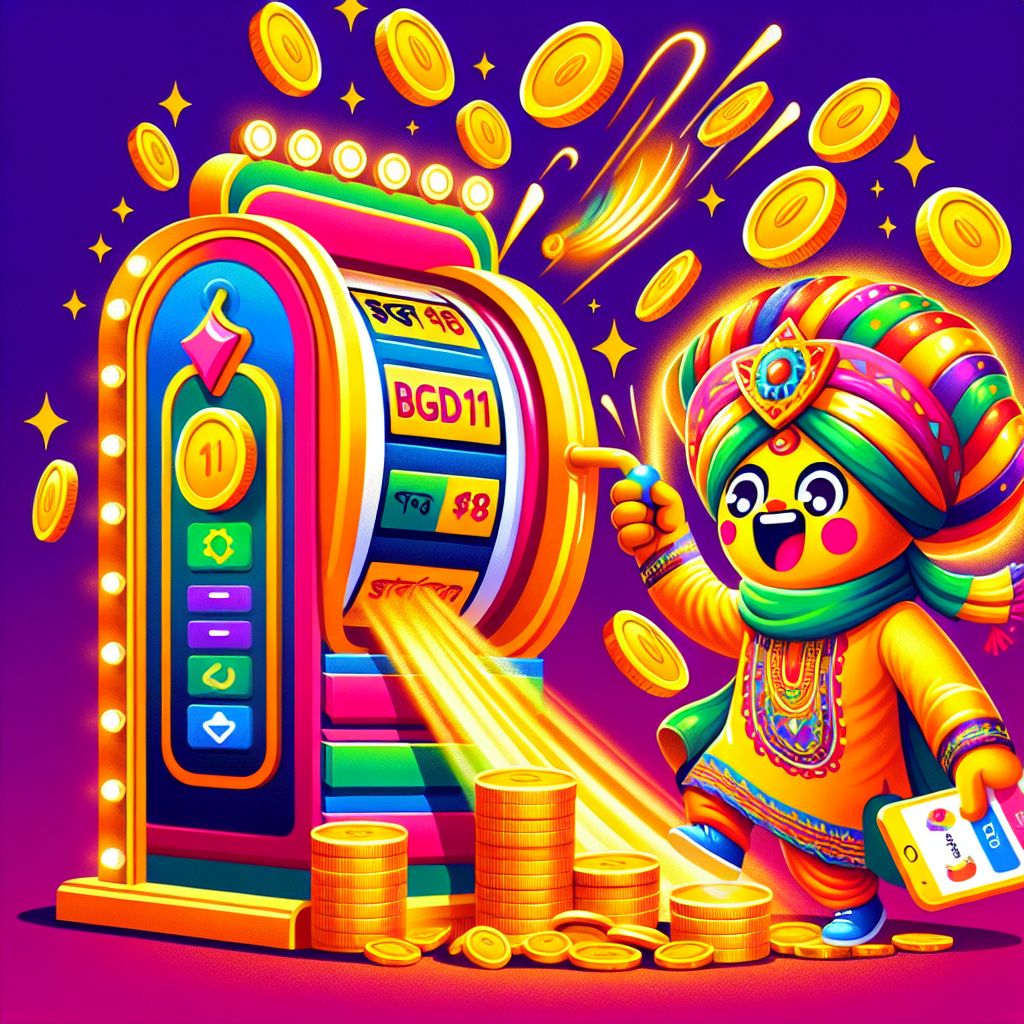 BGD11 themed cartoon character spinning slots with coins and jackpot lights